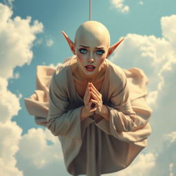 A beautiful bald elf woman with striking blue eyes and vivid red lips, falling gracefully from the sky