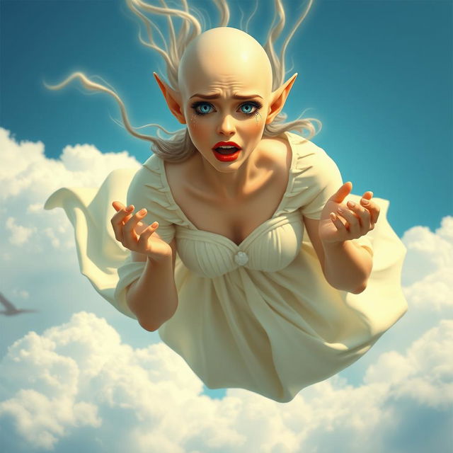 A beautiful bald elf woman with striking blue eyes and vivid red lips, falling gracefully from the sky