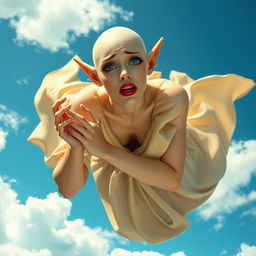 A beautiful bald elf woman with striking blue eyes and vivid red lips, falling gracefully from the sky