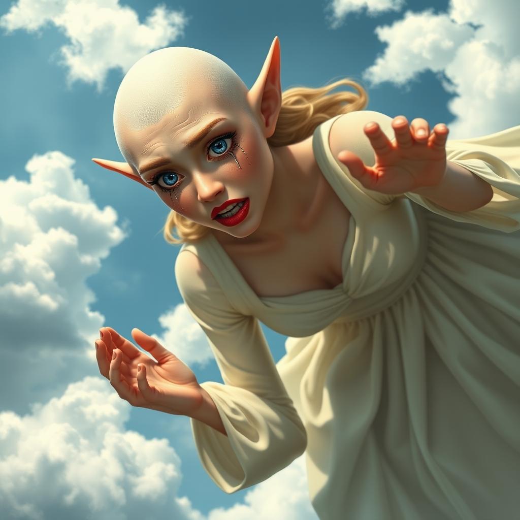 A beautiful bald elf woman with striking blue eyes and vivid red lips, falling gracefully from the sky