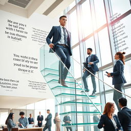 An inspiring scene depicting a diverse professional navigating the corporate ladder, symbolizing ambition and growth