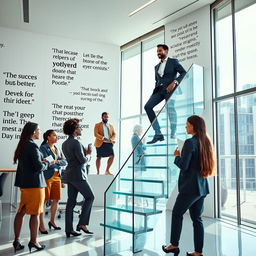 An inspiring scene depicting a diverse professional navigating the corporate ladder, symbolizing ambition and growth