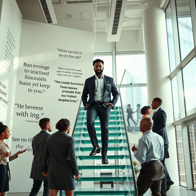 An inspiring scene depicting a diverse professional navigating the corporate ladder, symbolizing ambition and growth