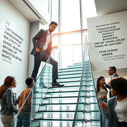 An inspiring scene depicting a diverse professional navigating the corporate ladder, symbolizing ambition and growth