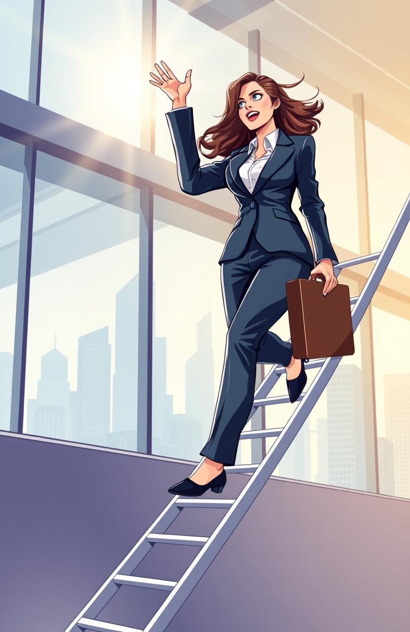 A dynamic and engaging illustration of a professional woman confidently climbing a corporate ladder, set in a modern office environment