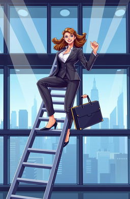 A dynamic and engaging illustration of a professional woman confidently climbing a corporate ladder, set in a modern office environment