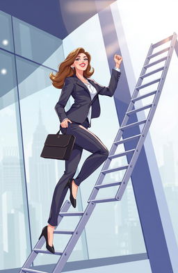 A dynamic and engaging illustration of a professional woman confidently climbing a corporate ladder, set in a modern office environment