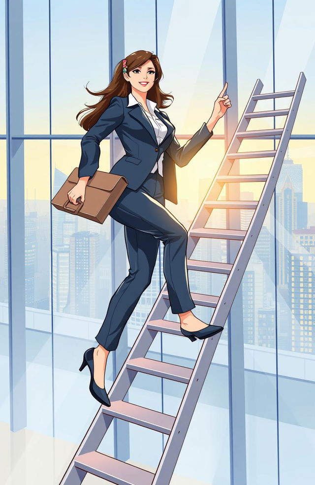 A dynamic and engaging illustration of a professional woman confidently climbing a corporate ladder, set in a modern office environment