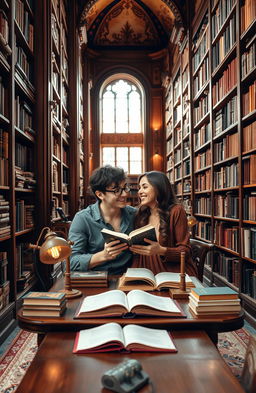 A cozy and intimate scene of a couple in a beautiful library filled with tall wooden bookshelves, soft lighting, and a sense of romance in the air