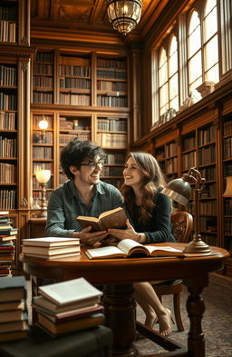A cozy and intimate scene of a couple in a beautiful library filled with tall wooden bookshelves, soft lighting, and a sense of romance in the air