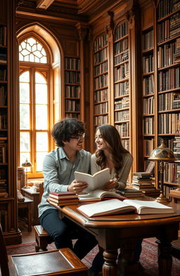 A cozy and intimate scene of a couple in a beautiful library filled with tall wooden bookshelves, soft lighting, and a sense of romance in the air