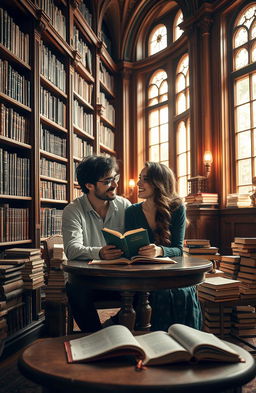 A cozy and intimate scene of a couple in a beautiful library filled with tall wooden bookshelves, soft lighting, and a sense of romance in the air