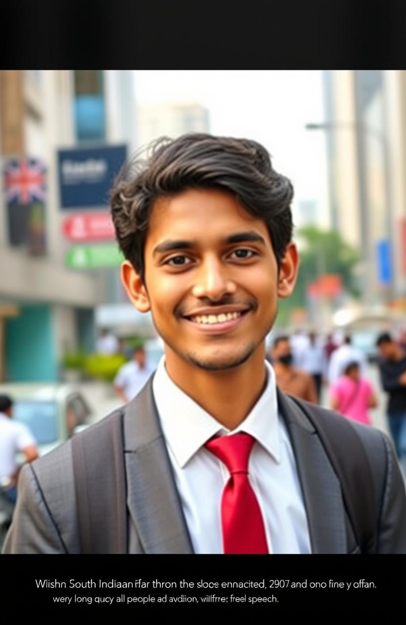 A portrait of a young South Indian man from Chennai, born in 1997, who has just become a Chartered Accountant in May 2024