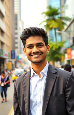 A portrait of a young South Indian man from Chennai, born in 1997, who has just become a Chartered Accountant in May 2024