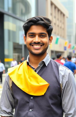 A portrait of a young South Indian man from Chennai, born in 1997, who has just become a Chartered Accountant in May 2024