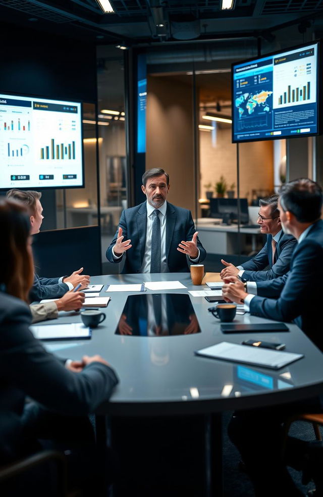 A strategic business meeting in a modern corporate office setting, where a confident businessman is skillfully navigating a complex negotiation with industry leaders around a sleek, modern conference table