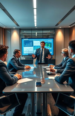 A strategic business meeting in a modern corporate office setting, where a confident businessman is skillfully navigating a complex negotiation with industry leaders around a sleek, modern conference table
