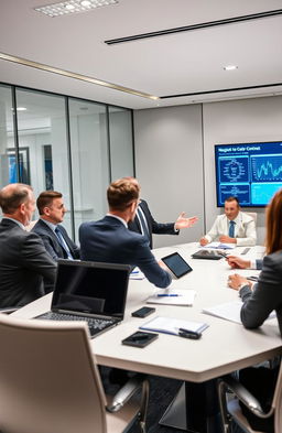 A strategic business meeting in a modern corporate office setting, where a confident businessman is skillfully navigating a complex negotiation with industry leaders around a sleek, modern conference table