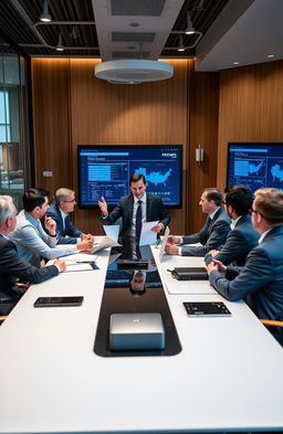 A strategic business meeting in a modern corporate office setting, where a confident businessman is skillfully navigating a complex negotiation with industry leaders around a sleek, modern conference table