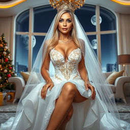 A full-body image of a beautiful 50-year-old mature woman with Venezuelan features, wearing a sexy short wedding dress with a white veil embellished with golden details