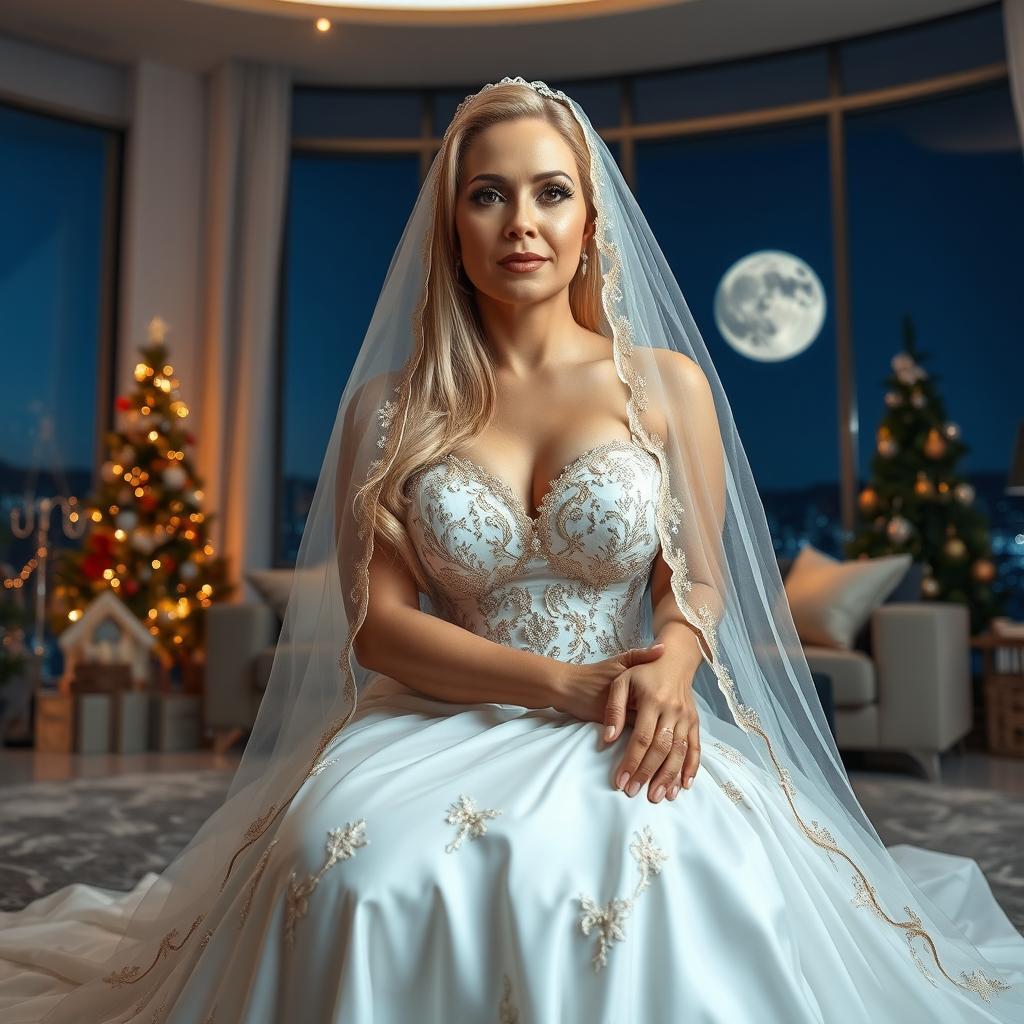 A full-body image of a beautiful 50-year-old mature woman with Venezuelan features, wearing a sexy short wedding dress with a white veil embellished with golden details