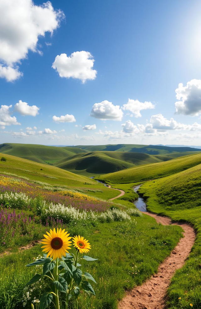 An expansive view of a picturesque countryside flank, showcasing rolling hills covered in vibrant green grass, dotted with wildflowers in hues of yellow, purple, and white