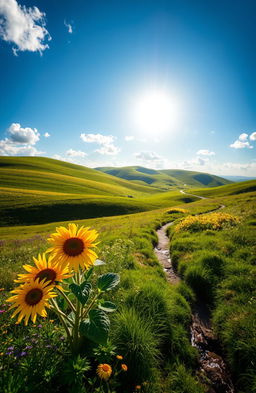 An expansive view of a picturesque countryside flank, showcasing rolling hills covered in vibrant green grass, dotted with wildflowers in hues of yellow, purple, and white