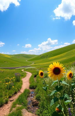 An expansive view of a picturesque countryside flank, showcasing rolling hills covered in vibrant green grass, dotted with wildflowers in hues of yellow, purple, and white