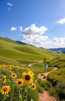 An expansive view of a picturesque countryside flank, showcasing rolling hills covered in vibrant green grass, dotted with wildflowers in hues of yellow, purple, and white