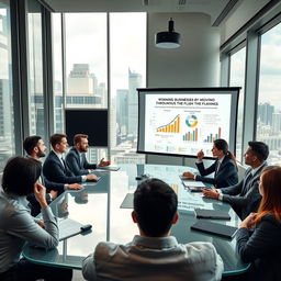 A dynamic business meeting setting where a diverse group of professional individuals collaborates strategically