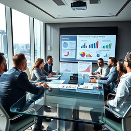 A dynamic business meeting setting where a diverse group of professional individuals collaborates strategically