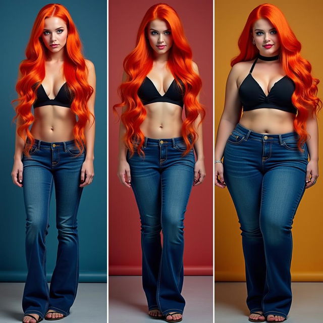 Three full-length photos of a beautiful, sexy girl with long flame red hair and bright makeup