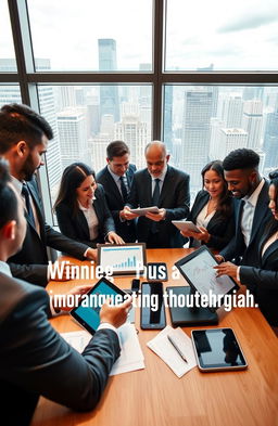 A dynamic business strategy scene, where a diverse group of confident, well-dressed business professionals are engaging in discussions and strategic planning in a modern office environment