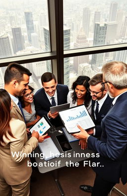 A dynamic business strategy scene, where a diverse group of confident, well-dressed business professionals are engaging in discussions and strategic planning in a modern office environment