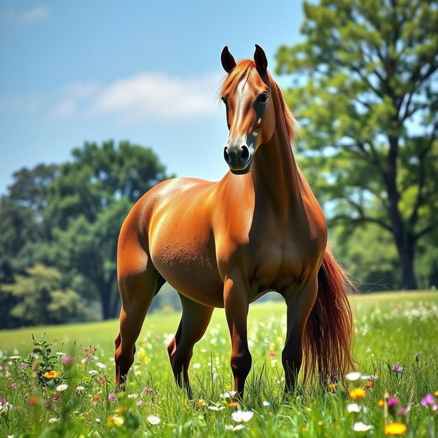 A stunningly beautiful female horse in a lush green meadow, with flowers surrounding it, embodying grace and elegance