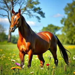 A stunningly beautiful female horse in a lush green meadow, with flowers surrounding it, embodying grace and elegance