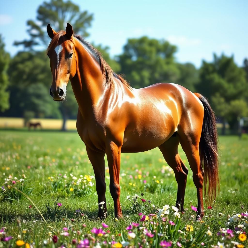 A stunningly beautiful female horse in a lush green meadow, with flowers surrounding it, embodying grace and elegance