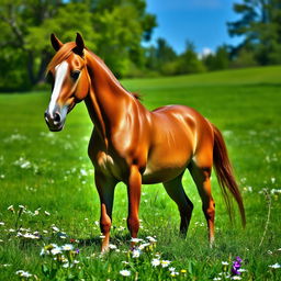 A stunningly beautiful female horse in a lush green meadow, with flowers surrounding it, embodying grace and elegance