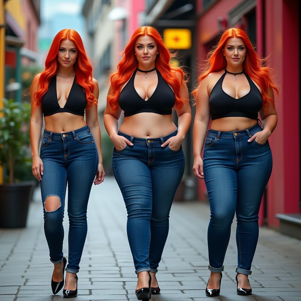 Three full length photos of a beautiful, sexy girl with long flame red hair and bright makeup