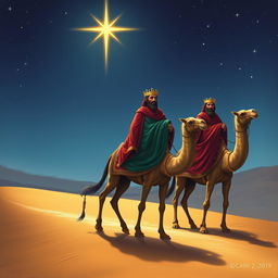 The Three Wise Men, robed in opulent garments of deep colors like crimson, emerald, and gold, riding elegantly on strong camels across a serene desert landscape under a starry sky
