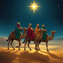The Three Wise Men, robed in opulent garments of deep colors like crimson, emerald, and gold, riding elegantly on strong camels across a serene desert landscape under a starry sky