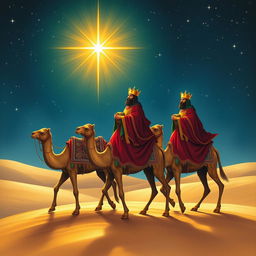 The Three Wise Men, robed in opulent garments of deep colors like crimson, emerald, and gold, riding elegantly on strong camels across a serene desert landscape under a starry sky