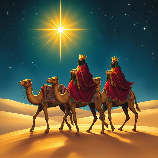 The Three Wise Men, robed in opulent garments of deep colors like crimson, emerald, and gold, riding elegantly on strong camels across a serene desert landscape under a starry sky