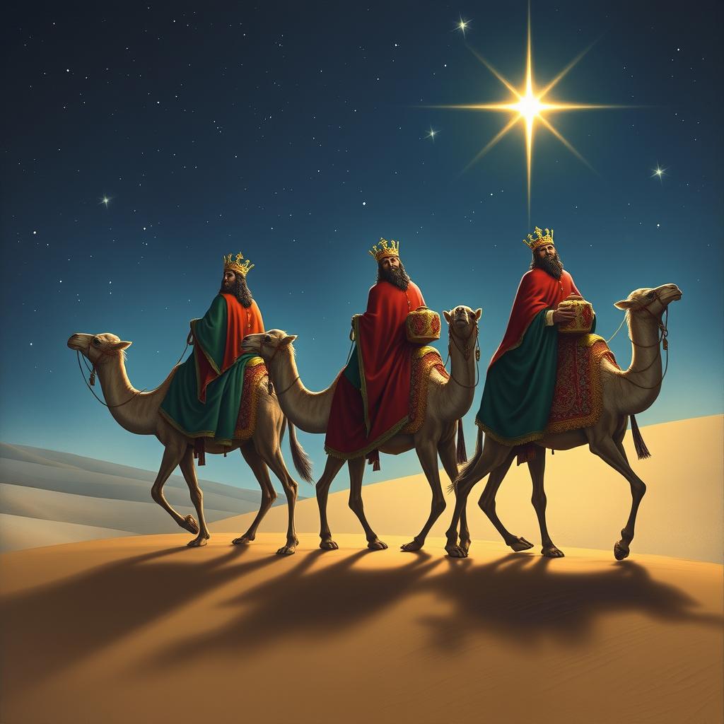 The Three Wise Men, robed in opulent garments of deep colors like crimson, emerald, and gold, riding elegantly on strong camels across a serene desert landscape under a starry sky