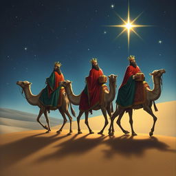 The Three Wise Men, robed in opulent garments of deep colors like crimson, emerald, and gold, riding elegantly on strong camels across a serene desert landscape under a starry sky