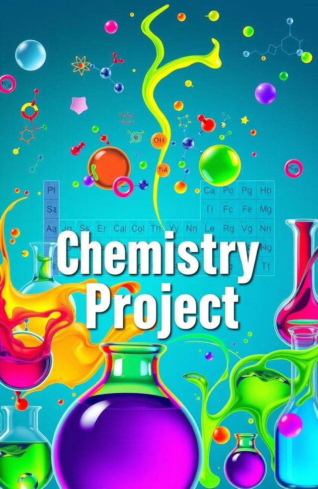 A vibrant and captivating cover design for a chemistry project, featuring an array of colorful chemical symbols, molecular structures, and laboratory equipment like beakers and test tubes