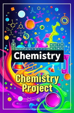 A vibrant and captivating cover design for a chemistry project, featuring an array of colorful chemical symbols, molecular structures, and laboratory equipment like beakers and test tubes