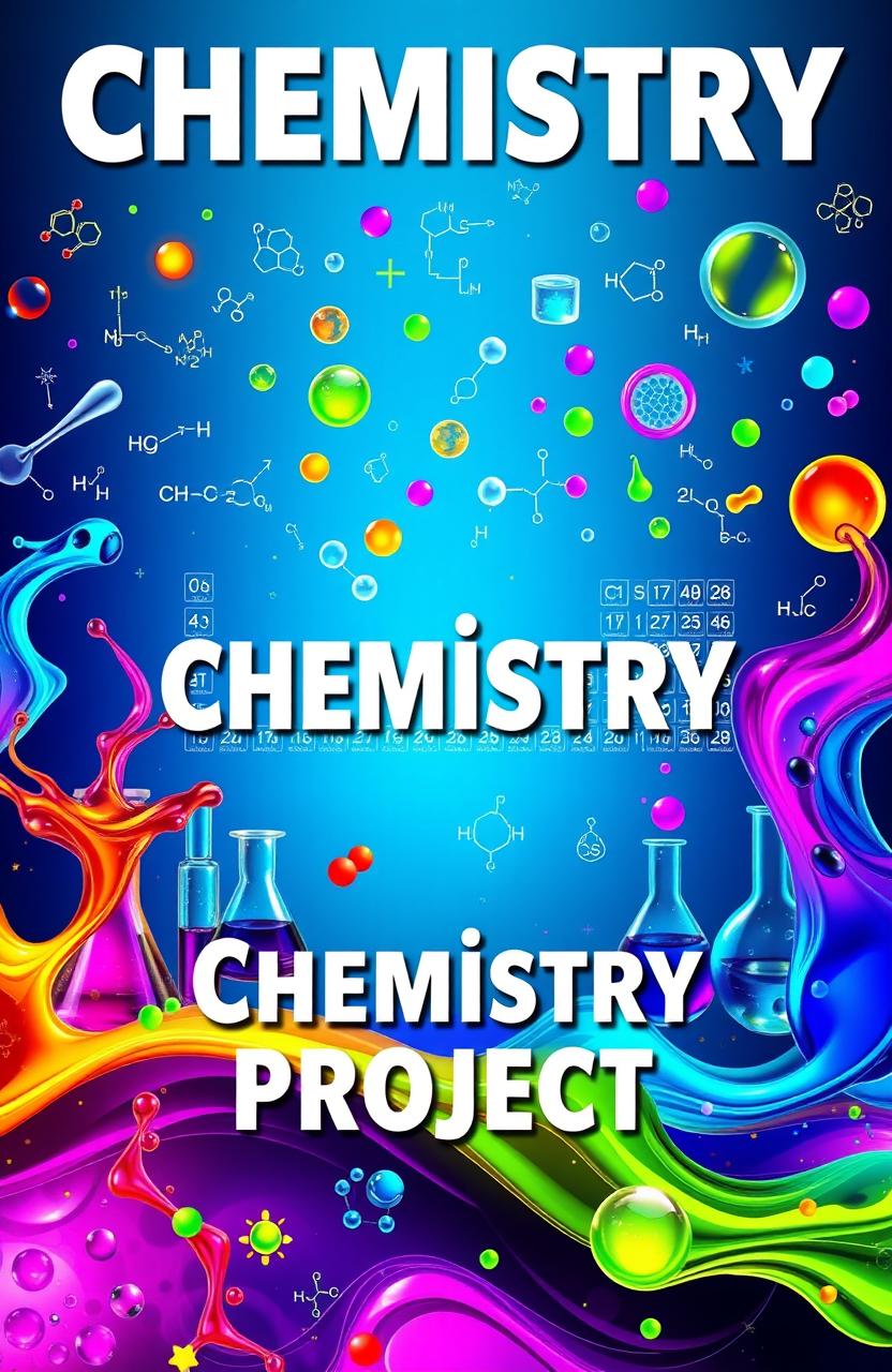 A vibrant and captivating cover design for a chemistry project, featuring an array of colorful chemical symbols, molecular structures, and laboratory equipment like beakers and test tubes