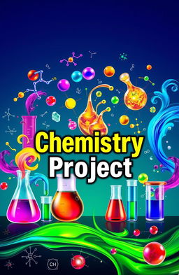 A vibrant and captivating cover design for a chemistry project, featuring an array of colorful chemical symbols, molecular structures, and laboratory equipment like beakers and test tubes