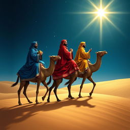 The Three Wise Men, elegantly attired in rich, ornate robes of vibrant colors such as royal blue, deep red, and golden yellow, riding gracefully on sturdy camels